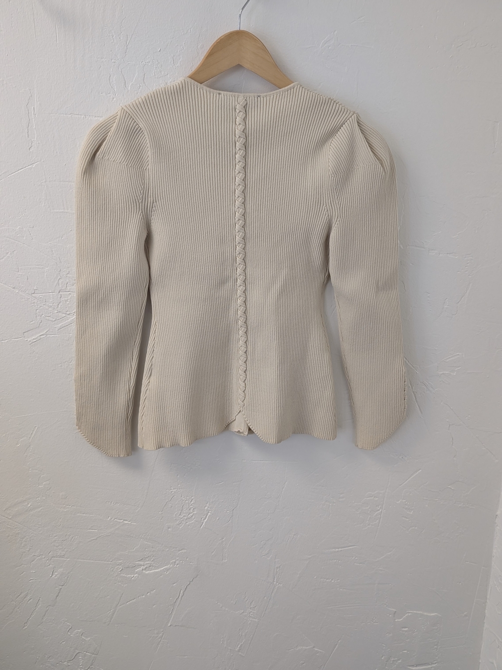 ZARA NWT Cream Ribbed Knit Button Front Puff Sleeve Cardigan Top Size M - Picture 4 of 8